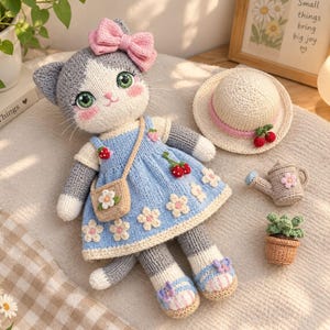 Puede incluir: Una muñeca de gato tejida a ganchillo con pelaje gris y blanco, ojos verdes y un lazo rosa, que lleva un vestido azul con aplicaciones de flores, un pequeño bolso bandolera beige y sandalias. Incluye un sombrero de sol crema y una regadera.