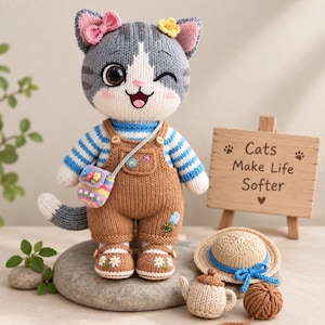 May include: A knitted grey and white cat doll wearing a blue and white striped shirt, brown dungarees, and a small colourful crossbody bag. The doll has a pink bow and yellow flower on its head. Accessories include a straw hat, teapot, and yarn ball.