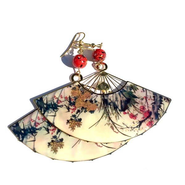 Cream Flower Motif Fan Earrings, Mother of Pearl Fan Earrings, Korean Fan Earrings, Bookmark Earrings, Traditional Fan Earrings