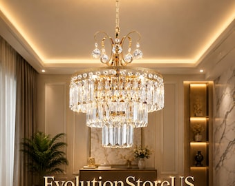 Gold Crystal Chandelier Modern Ceiling Light, 3 Light Luxury Semi Flush Mount Fixture, Elegant Glam Lighting for Dining Room Living Room