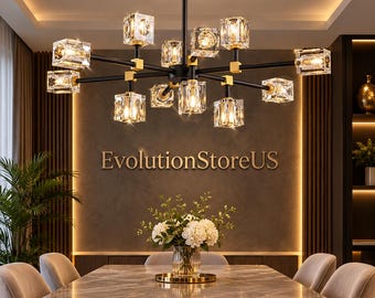 May include: A multi-arm chandelier featuring a matte black frame with gold accents and twelve clear, square-shaped glass shades. The fixture is suspended from the ceiling, and the text EvolutionStoreUS is visible on the wall behind it.