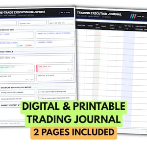 May include: A two-page trading journal set featuring a Pre-Trade Execution Blueprint with sections for risk formula, strategic grid, and psychology matrix, alongside a Trading Execution Journal with columns for ticker, entry, exit, and net profit.