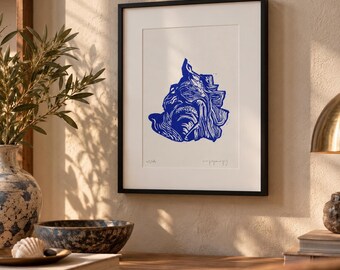 May include: A framed print featuring a blue ink illustration of a seashell on a white background. The artwork is enclosed in a thin black frame with a white mat. The print includes handwritten numbering and a signature at the bottom edge.