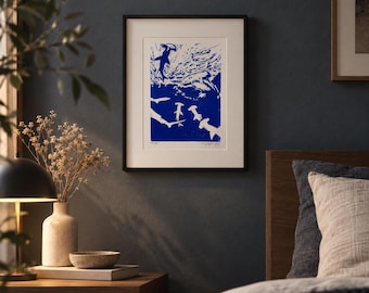 May include: A framed art print featuring a deep blue and white linocut style illustration of multiple hammerhead sharks swimming in water. The artwork is presented in a simple black frame with a white mat, hanging on a dark blue wall.