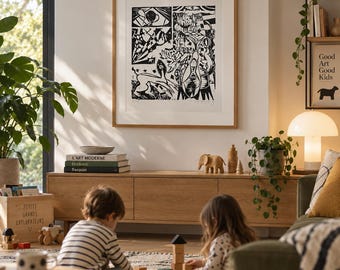 May include: A framed black and white abstract print hangs on a wall above a light wood media console. The artwork features geometric shapes and stylized figures. The console holds books, a wooden elephant figurine, and a small potted plant.