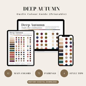 Puede incluir: Una guía digital de colores de atuendo Deep Autumn mostrada en una computadora portátil, tableta y teléfono inteligente. Las pantallas muestran gráficos con paletas de colores, el texto Deep Autumn Outfit color combinations, 12 colores principales, 72 combinaciones y 4 consejos de estilo.