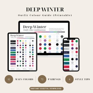 Może przedstawiać: Przewodnik po kolorach strojów Deep Winter do druku wyświetlany na tablecie, laptopie i smartfonie. Ekrany pokazują wykresy z 12 głównymi kolorami i 72 zestawieniami. Tekst zawiera Deep Winter, Outfit color combinations, 12 main colors, 72 pairings, 4 style tips oraz Instant digital download.