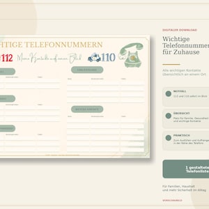 Może przedstawiać: Szablon do pobrania cyfrowego zatytułowany WICHTIGE TELEFONNUMMERN z wozem strażackim i 112, radiowozem i 110 oraz ilustracją zielonego telefonu. Formularz zawiera sekcje na numery alarmowe, zdrowotne i kontakty z pustymi liniami.