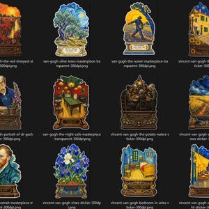 May include: A collection of fifteen die-cut stickers featuring various Vincent van Gogh paintings, each displayed on a decorative brown pedestal base with text labels. The stickers showcase iconic artworks including The Starry Night, Sunflowers, and Almond Blossoms.