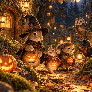 Peut inclure: Un lapin portant un chapeau de sorcière et une cape noirs, une souris, un hérisson et un corbeau marchant sur un sentier forestier la nuit. Chaque animal porte une petite citrouille lanterne orange lumineuse. La scène inclut un grand arbre.