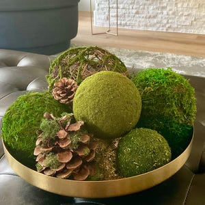 May include: A shallow, circular gold-toned metal bowl filled with a decorative arrangement of several spherical moss balls in varying shades of green, a woven twig sphere, and two brown pinecones nestled among the mossy textures.