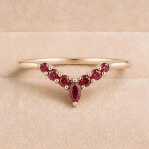 Ruby Oval & Marquise Wedding Band, Minimalist Half Eternity Band, Curved V Band, 14K Gold Ring, Cocktail Band, Statement Ring