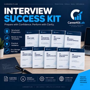 Puede incluir: El kit de éxito en entrevistas CareerKitLab incluye nueve folletos blancos con texto y marca en azul, numerados del 00 al 08. Los títulos incluyen Start Here, STAR Method Master Guide, STAR Story Bank, Behavioral Interview Workbook y Salary Negotiation Guide.