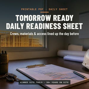 May include: A printable PDF daily sheet titled Tomorrow Ready Daily Readiness Sheet with the subtitle Crews, materials & access lined up the day before. The document features a graph and is placed on a desk with a walkie-talkie, keys, and a hard hat.