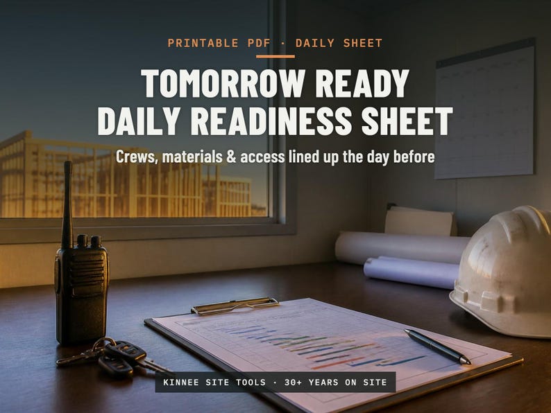 May include: A printable PDF daily sheet titled Tomorrow Ready Daily Readiness Sheet with the subtitle Crews, materials & access lined up the day before. The document features a graph and is placed on a desk with a walkie-talkie, keys, and a hard hat.
