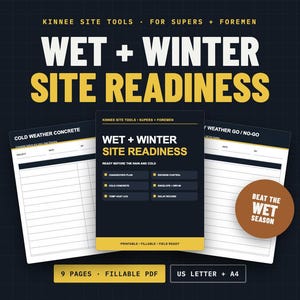 Puede incluir: Un conjunto de documentos digitales titulado WET + WINTER SITE READINESS para supervisores y capataces. El PDF imprimible y rellenable incluye nueve p&aacute;ginas en tama&ntilde;os US Letter y A4, con listas de control para hormig&oacute;n en clima fr&iacute;o.