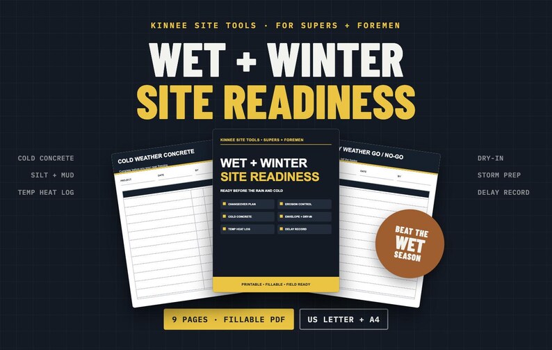 Puede incluir: Un conjunto de documentos digitales titulado WET + WINTER SITE READINESS para supervisores y capataces. El PDF imprimible y rellenable incluye nueve p&aacute;ginas en tama&ntilde;os US Letter y A4, con listas de control para hormig&oacute;n en clima fr&iacute;o.