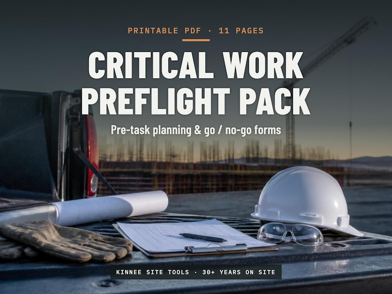 Op de afbeelding: Een printbaar PDF-document getiteld CRITICAL WORK PREFLIGHT PACK met 11 pagina's aan taakplanning en go/no-go formulieren. De tekst staat over een bouwplaatsachtergrond met een witte veiligheidshelm, een veiligheidsbril en werkhandschoenen.