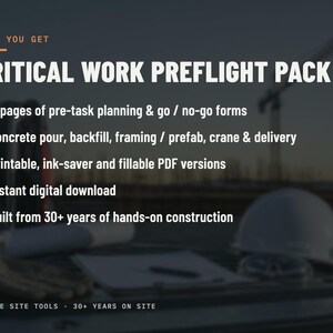 Op de afbeelding: Een digitaal document genaamd Critical Work Preflight Pack met 11 pagina's aan planningsformulieren voor betonstort, opvulling, framing en kraanwerkzaamheden. Inclusief printbare, inktbesparende en invulbare PDF-versies.