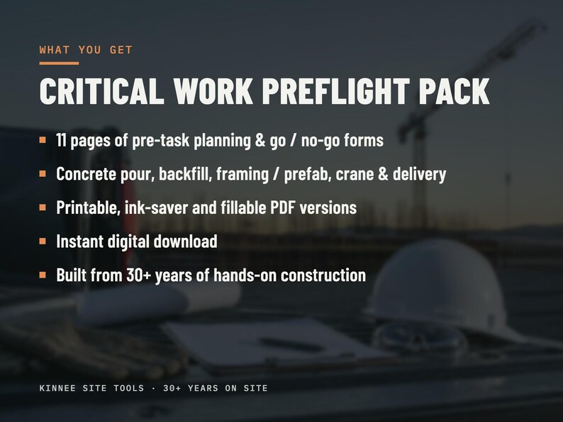 Op de afbeelding: Een digitaal document genaamd Critical Work Preflight Pack met 11 pagina's aan planningsformulieren voor betonstort, opvulling, framing en kraanwerkzaamheden. Inclusief printbare, inktbesparende en invulbare PDF-versies.
