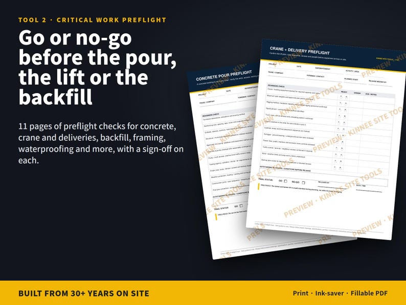 May include: A digital document titled Tool 2 Critical Work Preflight featuring checklists for concrete, crane, and backfill operations. The white pages include tables for project details, readiness checks, and sign-off sections with black and yellow text.