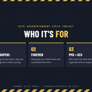 K&ouml;nnte beinhalten: Eine dunkelblaue Grafik mit gelben Warnstreifen oben und unten. Der Text lautet: SITE SUPERINTENDENT FIELD TOOLKIT, WHO IT'S FOR, 01 SITE SUPERS, 02 FOREMEN, 03 PMS + GCS, und KINNEE SITE TOOLS KINNEE SITE TOOLS ON ETSY.