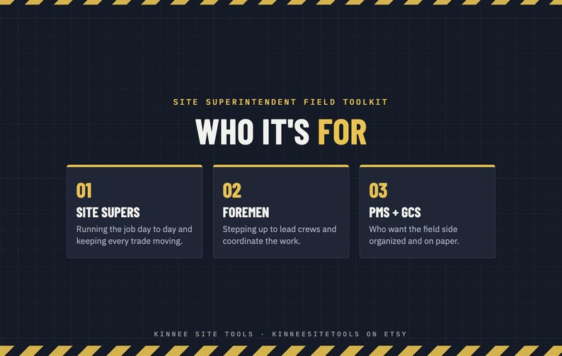K&ouml;nnte beinhalten: Eine dunkelblaue Grafik mit gelben Warnstreifen oben und unten. Der Text lautet: SITE SUPERINTENDENT FIELD TOOLKIT, WHO IT'S FOR, 01 SITE SUPERS, 02 FOREMEN, 03 PMS + GCS, und KINNEE SITE TOOLS KINNEE SITE TOOLS ON ETSY.