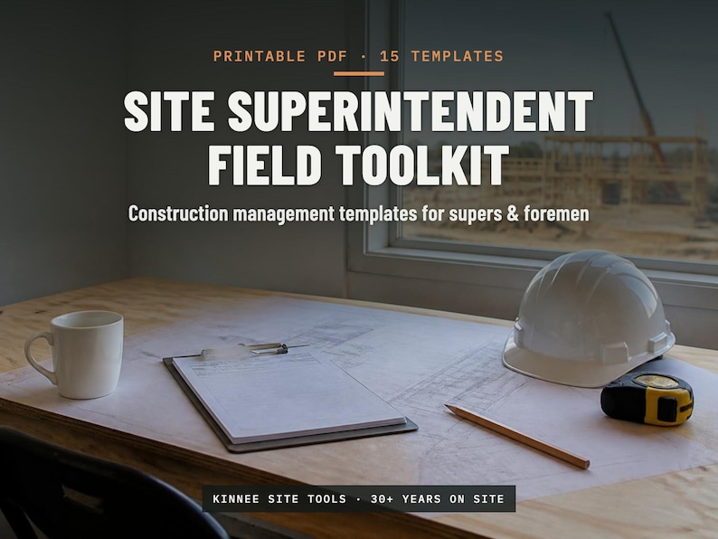 K&ouml;nnte beinhalten: Ein digitales Produkt mit dem Titel Site Superintendent Field Toolkit, das 15 druckbare PDF-Vorlagen enth&auml;lt. Das Bild zeigt einen wei&szlig;en Schutzhelm, ein Klemmbrett, einen Bleistift und ein Ma&szlig;band auf einem Holztisch mit Text.