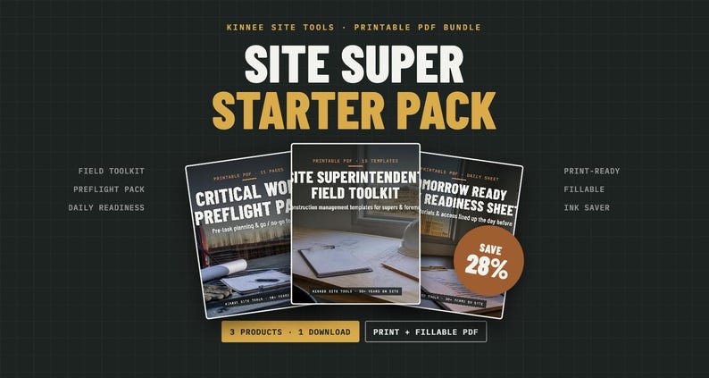 May include: A digital bundle titled Site Super Starter Pack featuring three printable PDF documents: Critical Work Preflight Pack, Site Superintendent Field Toolkit, and Tomorrow Ready Readiness Sheet, with a brown circular 28% savings badge.