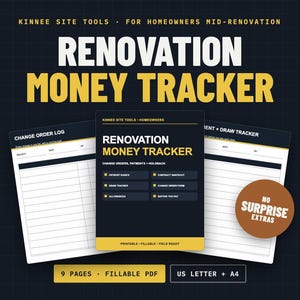 May include: A Renovation Money Tracker digital document set featuring a central cover page with the title, a Change Order Log, and a Payment and Draw Tracker. The design uses a dark background with white and yellow text, including labels like Change Orders, Draw Schedule, Holdback, Allowances, Budget Summary, and Before You Pay. A brown circle states No Surprise Extras, and the bottom indicates 9 Pages, Fillable PDF, US Letter, and A4.