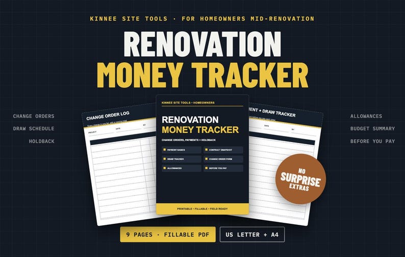 May include: A Renovation Money Tracker digital document set featuring a central cover page with the title, a Change Order Log, and a Payment and Draw Tracker. The design uses a dark background with white and yellow text, including labels like Change Orders, Draw Schedule, Holdback, Allowances, Budget Summary, and Before You Pay. A brown circle states No Surprise Extras, and the bottom indicates 9 Pages, Fillable PDF, US Letter, and A4.