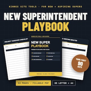 Peut inclure: Un ensemble de documents numériques intitulé New Superintendent Playbook par Kinnee Site Tools. Comprend une liste de contrôle de reprise de projet, des comptes rendus de réunion et un plan de 90 jours. 13 pages, PDF remplissable, format A4.