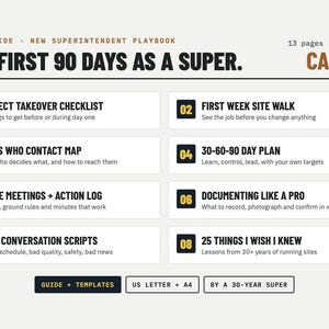 K&ouml;nnte beinhalten: Ein digitales Dokument mit dem Titel Your First 90 Days As A Super, das ein 13-seitiges Handbuch f&uuml;r Bauleiter enth&auml;lt. Es listet acht Abschnitte auf, darunter eine Checkliste f&uuml;r die Projekt&uuml;bernahme, Baustellenbegehung, Kontaktplan und Skripte.