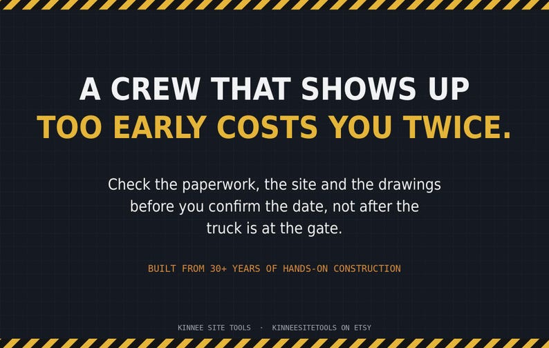 K&ouml;nnte beinhalten: Ein dunkelgraues Schild mit gelben Warnstreifen oben und unten. Der Text lautet: A CREW THAT SHOWS UP TOO EARLY COSTS YOU TWICE. Check the paperwork, the site and the drawings before you confirm the date, not after the truck is at the gate. BUILT FROM 30+ YEARS OF HANDS-ON CONSTRUCTION. KINNEE SITE TOOLS &middot; KINNEESITETOOLS ON ETSY.