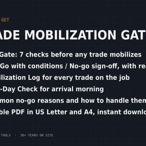 K&ouml;nnte beinhalten: Eine Grafik mit dunklem Hintergrund mit dem Titel TRADE MOBILIZATION GATE. Sie listet auf: 7 Pr&uuml;fungen vor der Mobilisierung, Go/Go mit Bedingungen/No-go, Mobilisierungsprotokoll, Ersttagskontrolle, h&auml;ufige No-go-Gr&uuml;nde, ausf&uuml;llbares PDF in A4.