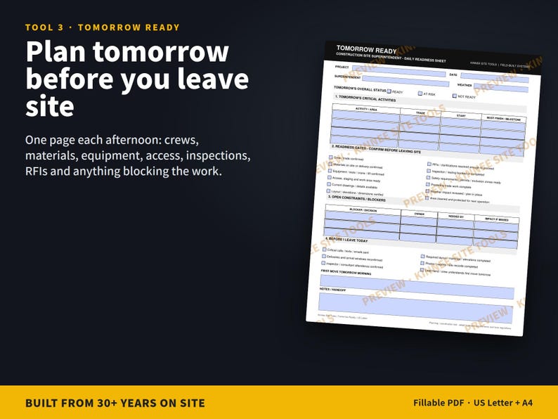 May include: A black and white construction site superintendent daily readiness sheet titled Tomorrow Ready. The document includes sections for critical activities, readiness checks, open constraints, and end-of-day tasks with checkboxes and blank fields.