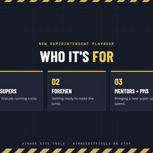 K&ouml;nnte beinhalten: Eine dunkelblaue Grafik mit gelben Warnstreifen oben und unten. Der Text lautet: NEW SUPERINTENDENT PLAYBOOK WHO IT'S FOR. Drei Boxen listen auf: 01 NEW SUPERS In your first job running a site, 02 FOREMEN Getting ready to make the jump, 03 MENTORS + PMS Bringing a new super up to speed. KINNEE SITE TOOLS KINNEESITETOOLS ON ETSY.