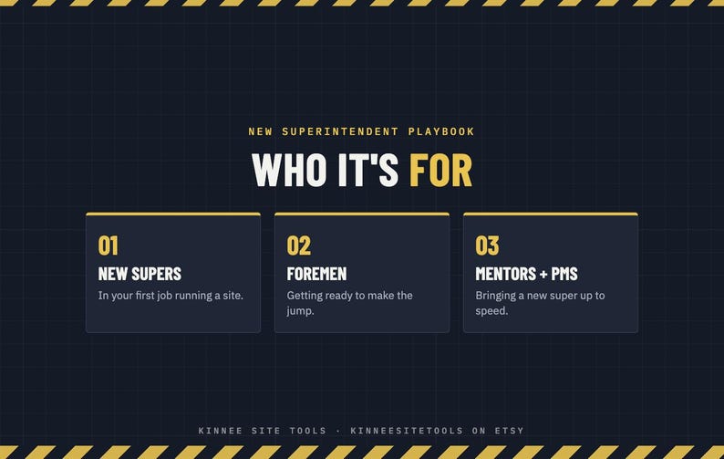 K&ouml;nnte beinhalten: Eine dunkelblaue Grafik mit gelben Warnstreifen oben und unten. Der Text lautet: NEW SUPERINTENDENT PLAYBOOK WHO IT'S FOR. Drei Boxen listen auf: 01 NEW SUPERS In your first job running a site, 02 FOREMEN Getting ready to make the jump, 03 MENTORS + PMS Bringing a new super up to speed. KINNEE SITE TOOLS KINNEESITETOOLS ON ETSY.
