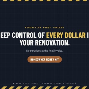 May include: A dark blue digital renovation money tracker graphic with yellow hazard stripes at the top and bottom. Text reads: RENOVATION MONEY TRACKER, KEEP CONTROL OF EVERY DOLLAR IN YOUR RENOVATION. No surprises at the final invoice. HOMEOWNER MONEY KIT.