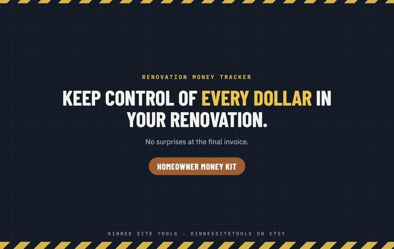 May include: A dark blue digital renovation money tracker graphic with yellow hazard stripes at the top and bottom. Text reads: RENOVATION MONEY TRACKER, KEEP CONTROL OF EVERY DOLLAR IN YOUR RENOVATION. No surprises at the final invoice. HOMEOWNER MONEY KIT.