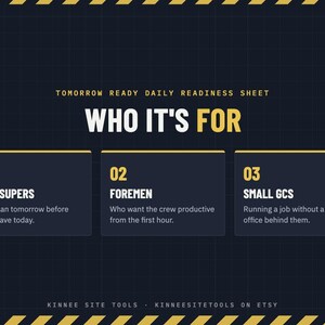 May include: A dark blue digital graphic titled Tomorrow Ready Daily Readiness Sheet. It lists three target groups: 01 Site Supers, 02 Foremen, and 03 Small GCs, each with a brief description. The design features yellow hazard stripes at the top and bottom.