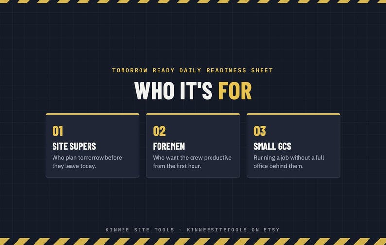 May include: A dark blue digital graphic titled Tomorrow Ready Daily Readiness Sheet. It lists three target groups: 01 Site Supers, 02 Foremen, and 03 Small GCs, each with a brief description. The design features yellow hazard stripes at the top and bottom.