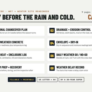 Puede incluir: Un documento digital de nueve p&aacute;ginas titulado READY BEFORE THE RAIN AND COLD, que presenta una lista de verificaci&oacute;n para la preparaci&oacute;n de obras en invierno. Incluye ocho secciones sobre cambio de estaci&oacute;n, drenaje, hormig&oacute;n y clima.