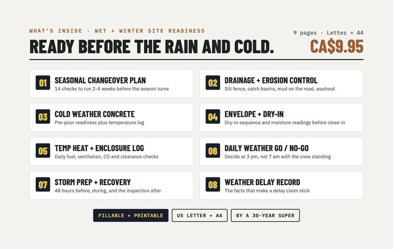Puede incluir: Un documento digital de nueve p&aacute;ginas titulado READY BEFORE THE RAIN AND COLD, que presenta una lista de verificaci&oacute;n para la preparaci&oacute;n de obras en invierno. Incluye ocho secciones sobre cambio de estaci&oacute;n, drenaje, hormig&oacute;n y clima.