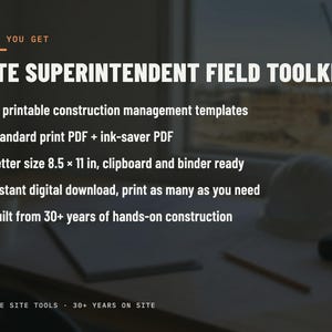K&ouml;nnte beinhalten: Ein digitales Dokument mit dem Titel Site Superintendent Field Toolkit, das 15 druckbare Baumanagement-Vorlagen im Letter-Format von 21,59 x 27,94 cm enth&auml;lt. Beinhaltet Standard- und Tintenspar-PDF-Formate.