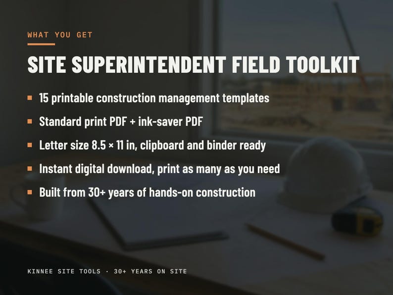 K&ouml;nnte beinhalten: Ein digitales Dokument mit dem Titel Site Superintendent Field Toolkit, das 15 druckbare Baumanagement-Vorlagen im Letter-Format von 21,59 x 27,94 cm enth&auml;lt. Beinhaltet Standard- und Tintenspar-PDF-Formate.