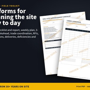 May include: A digital toolkit featuring 15 construction site management forms, including a Daily Site Superintendent Checklist and a 3-Week Lookahead schedule. The documents are white with black text and orange accents, designed for printing as PDFs.