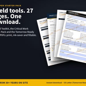 May include: A digital download set titled Site Super Starter Pack containing 3 field tools and 27 pages. The documents include the Field Toolkit, Critical Work Preflight Pack, and Tomorrow Ready sheet, available as 7 PDFs in print, ink-saver, and fillable formats.