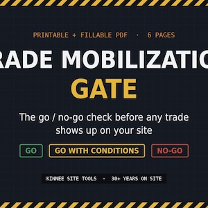 Könnte beinhalten: Ein druckbares und ausfüllbares 6-seitiges PDF mit dem Titel TRADE MOBILIZATION GATE. Das Dokument zeigt einen Rasterhintergrund mit gelben Warnstreifen, Text zur Beschreibung eines Go/No-Go-Checks und Schaltflächen mit GO, GO WITH CONDITIONS, NO-GO.