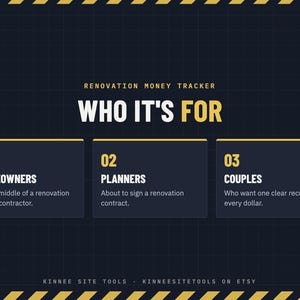 May include: A dark blue digital renovation money tracker graphic with yellow hazard stripes at the top and bottom. The text reads RENOVATION MONEY TRACKER, WHO IT'S FOR, 01 HOMEOWNERS, 02 PLANNERS, 03 COUPLES, and KINNEE SITE TOOLS KINNEESITETOOLS ON ETSY.